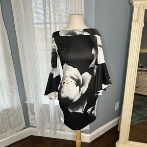 Venus Black & White Floral Statement Dress with Flutter Sleeve